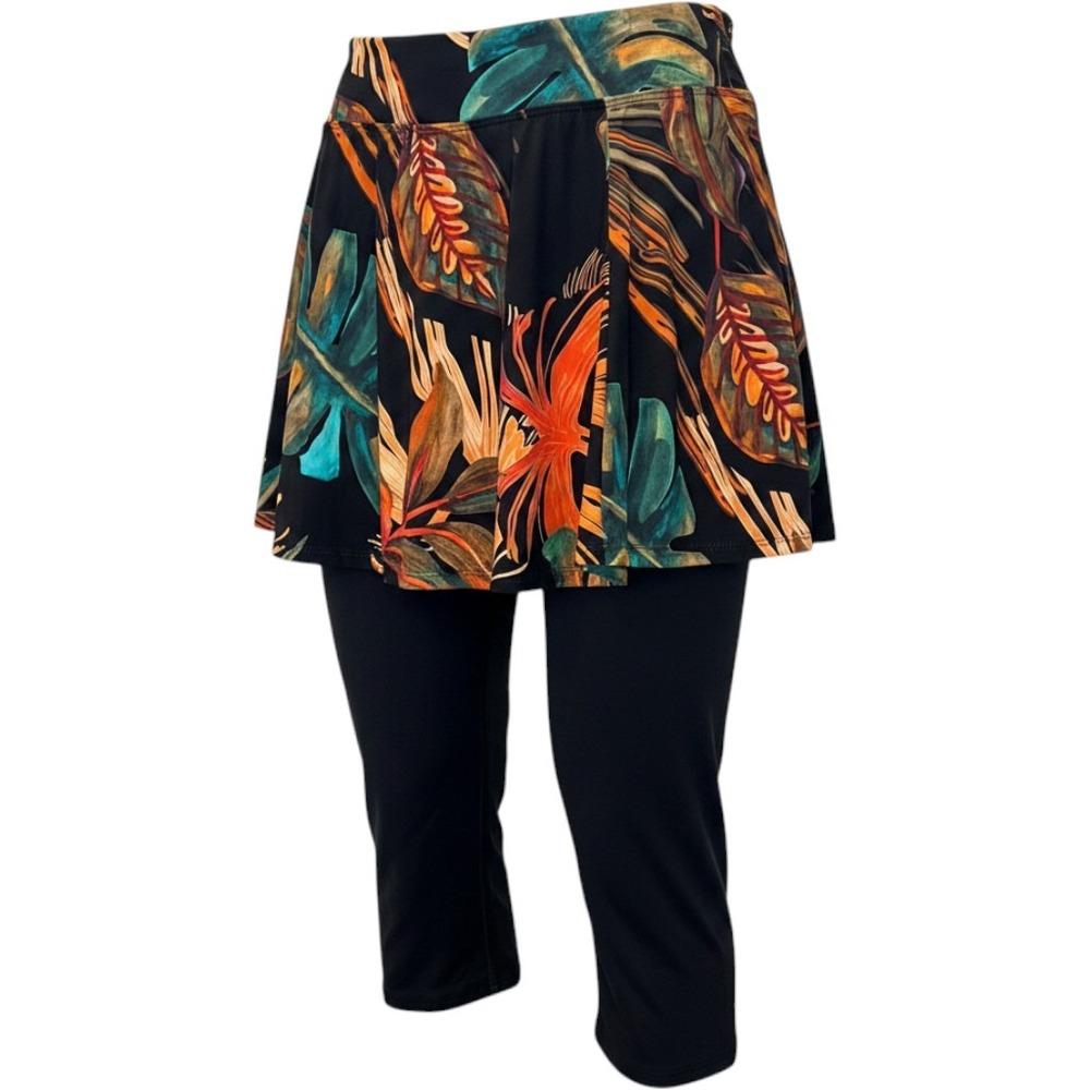 Dona Jo Skapri Size 3 Black Tropical Leaf Skirted Capri Leggings